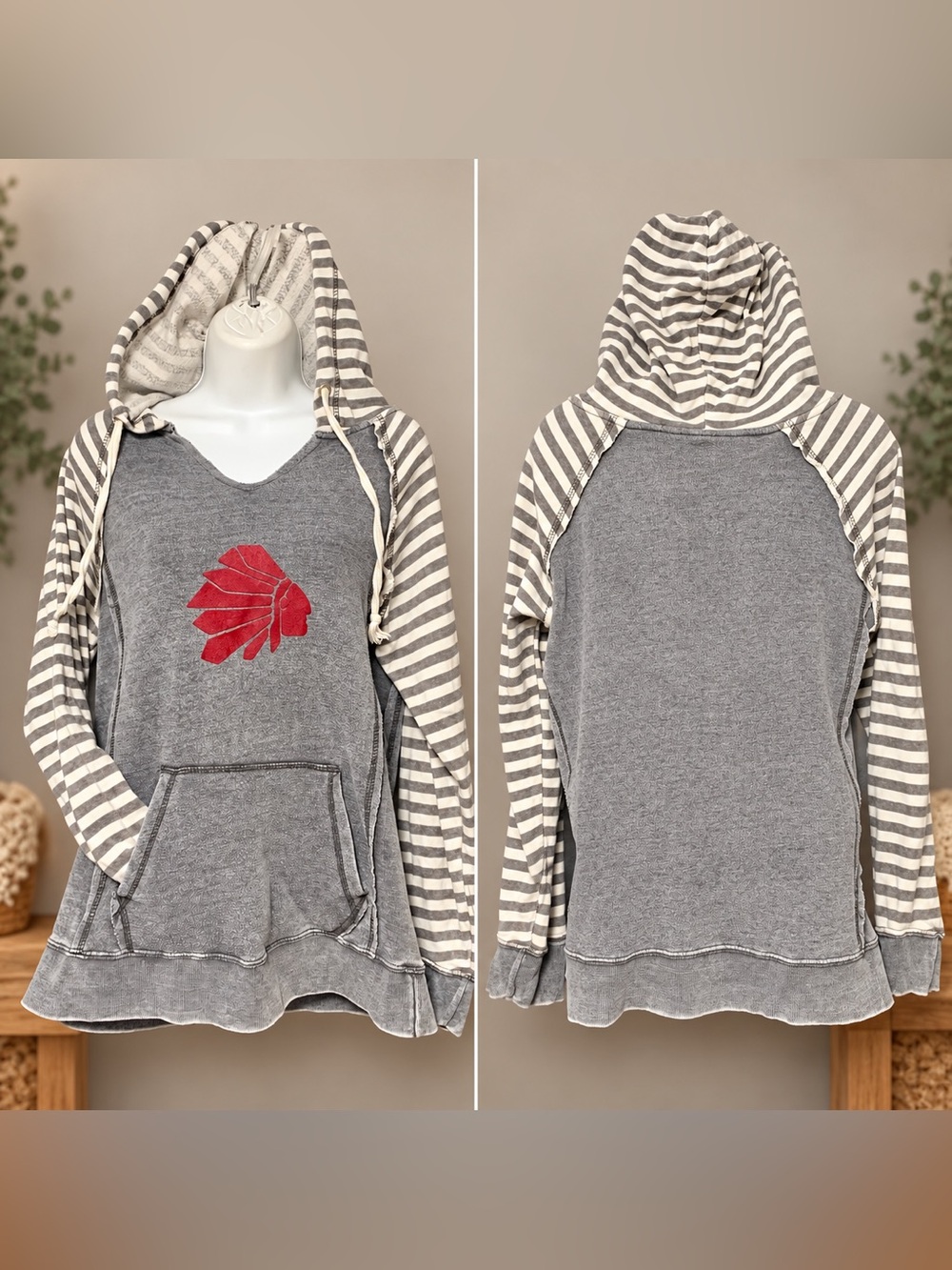 MV Sport Gray Striped-Sleeve Graphic Hoodie Size Small